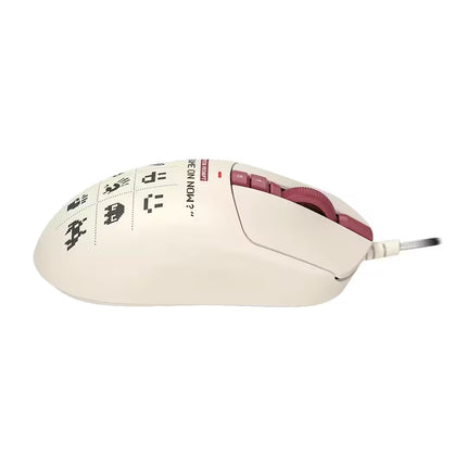 A wired computer mouse in a cream color with black printed characters on the top and a dusty rose scroll wheel, shown against a plain white background.