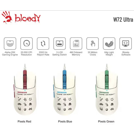A product information graphic for the Bloody W72 Ultra gaming mouse showing three color variants labeled Pixels Red, Pixels Blue, and Pixels Green. The graphic includes feature icons such as 20K DPI, 2000 Hz polling rate, 3 LCDO setting switch, 4M onboard memory, 30 million clicks, 64g light weight, and Bloody Software.