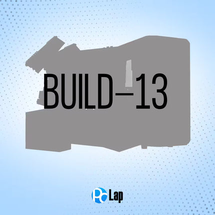 Silhouette of a computer case with 'BUILD-13' text on a blue background, featuring the PCLap logo.