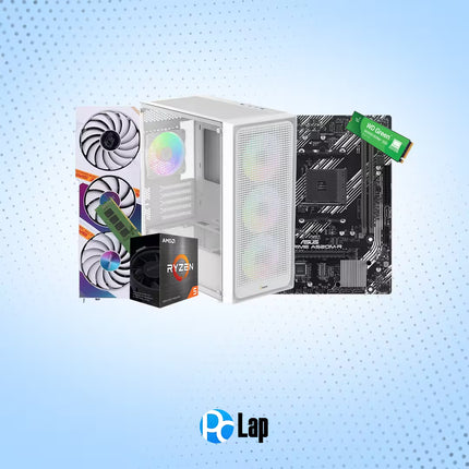 Computer hardware components including a CPU box, motherboard, and case on a blue gradient background with 'PcLap' logo.