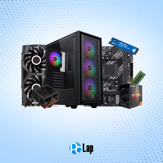 Collection of computer hardware components on a blue gradient background with 'PCLap' logo.