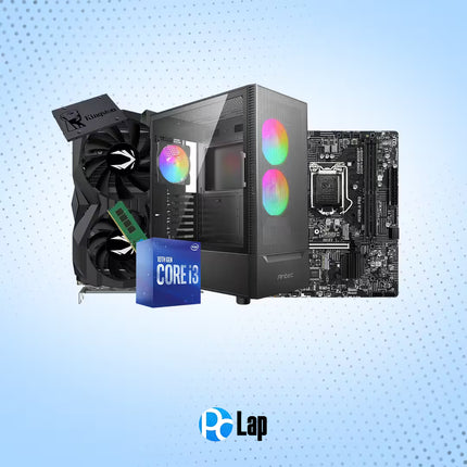 Computer hardware components including a CPU box, motherboard, RAM, and cooling system on a light blue background.