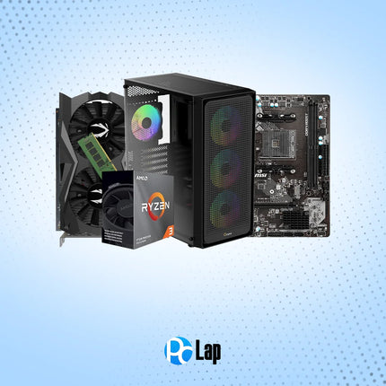 Computer hardware components including a graphics card, motherboard, and CPU cooler on a light blue background with 'PCLap' logo.