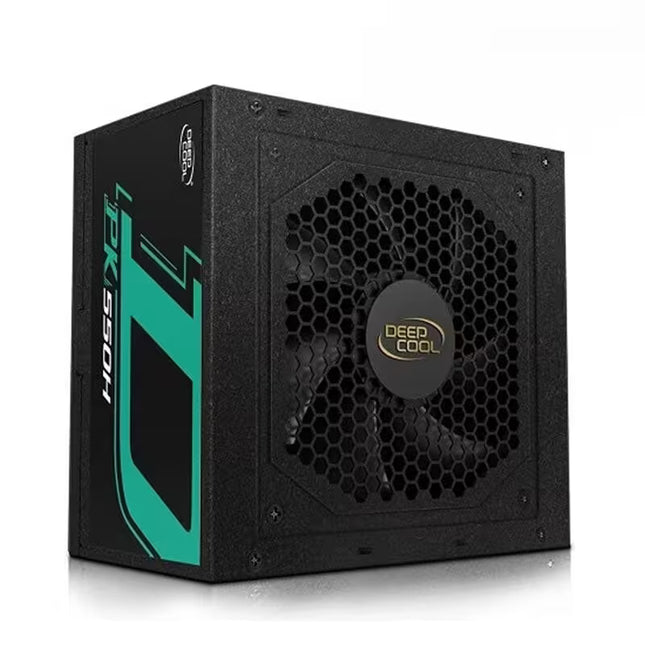 Black computer power supply unit with green accents and Deep Cool branding on a white background