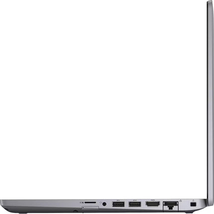 Right profile view of a silver Dell Latitude laptop showing its side ports. From left to right, it features a microSD card reader, a universal audio jack, two USB 3.2 Gen 1 ports, an HDMI 1.4 port, a flip-down RJ-45 Ethernet port, and a wedge-shaped lock slot near the display hinge.