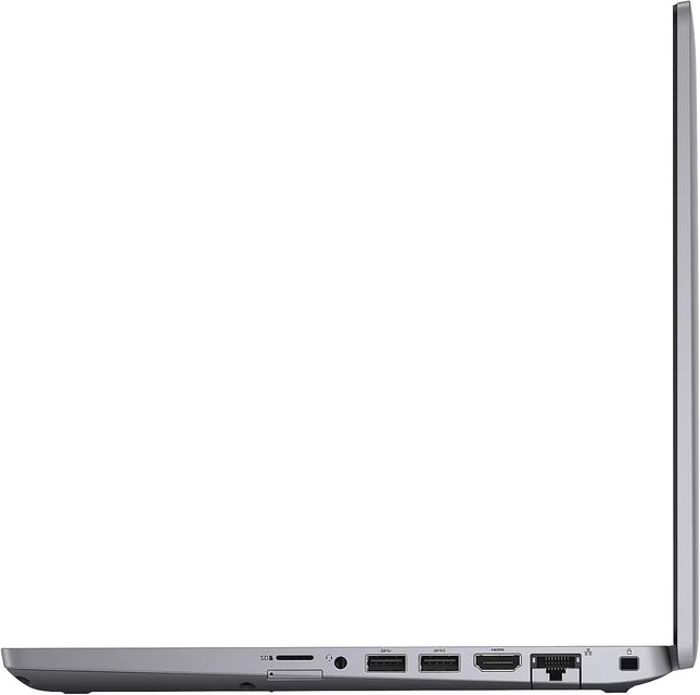 Right profile view of a silver Dell Latitude laptop showing its side ports. From left to right, it features a microSD card reader, a universal audio jack, two USB 3.2 Gen 1 ports, an HDMI 1.4 port, a flip-down RJ-45 Ethernet port, and a wedge-shaped lock slot near the display hinge.