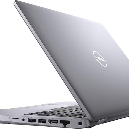 Three-quarter rear view of a silver Dell Latitude business laptop, half-opened. The dark grey outer lid prominently displays the circular silver Dell logo in the center. The ports along the right edge are visible, and a portion of the black keyboard is exposed.