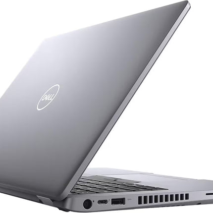 Three-quarter rear view from the left side of a silver Dell Latitude laptop, half-opened. This side shows a round power connector, a USB Type-C port with DisplayPort and Power Delivery, a single USB 3.2 Gen 1 port, and a large cooling vent layout. A smartcard reader slot is visible near the front edge.