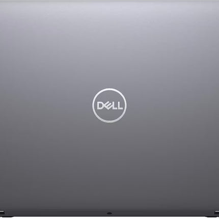 Top-down view of the closed lid of a Dell Latitude laptop. The chassis has a matte silver-grey finish, with the reflective silver Dell logo centered on the lid.