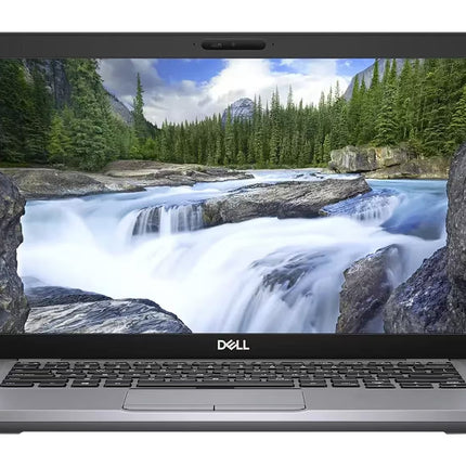 Front view of an open Dell Latitude laptop. The 14-inch display features slim side bezels and shows a scenic wallpaper of a rushing river and evergreen trees. The base includes a black chiclet-style keyboard, a centered touchpad with dual physical buttons, and a webcam centered at the top bezel with a privacy shutter.