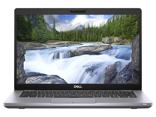 Front view of an open Dell Latitude laptop. The 14-inch display features slim side bezels and shows a scenic wallpaper of a rushing river and evergreen trees. The base includes a black chiclet-style keyboard, a centered touchpad with dual physical buttons, and a webcam centered at the top bezel with a privacy shutter.