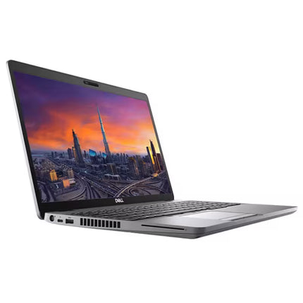 Laptop with a cityscape on the screen on a white background