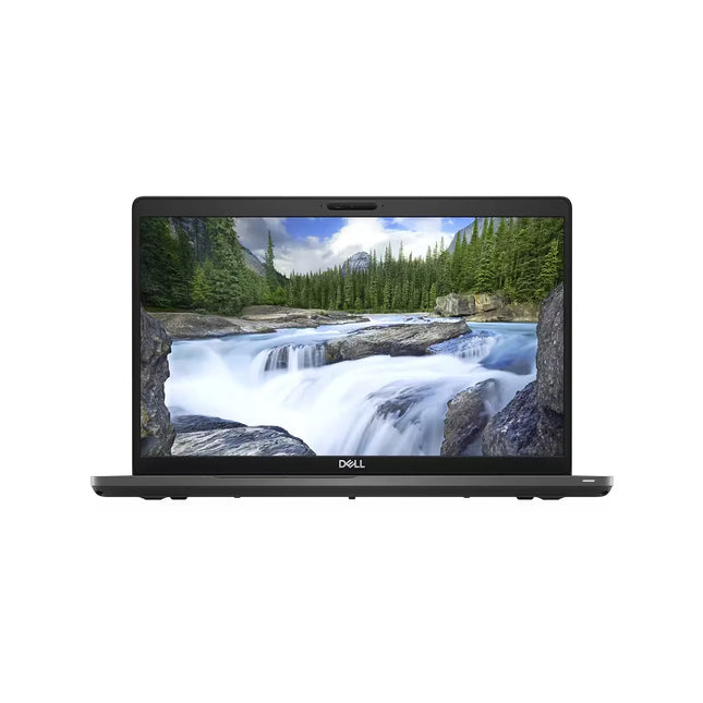 Laptop displaying a scenic waterfall on the screen with a white background