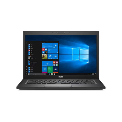 Dell laptop open on a clean white background, showing the Windows 10 desktop interface.   