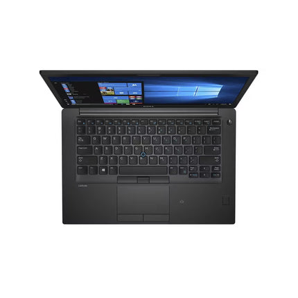 Top-down view of a black Dell laptop showing its keyboard, trackpad, and open screen.   