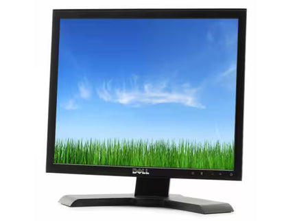 A square-aspect Dell LCD monitor featuring a black bezel with a white Dell logo at the bottom, mounted on an ergonomic silver stand with a cable-management slot.