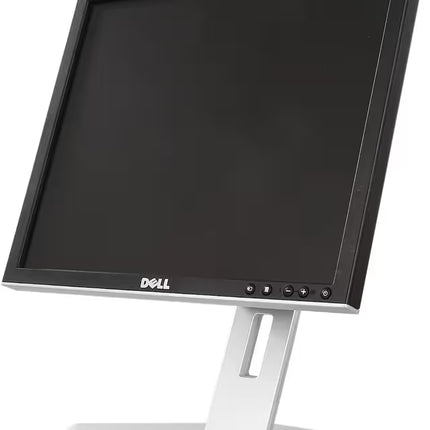 A square-aspect Dell LCD monitor featuring a black bezel with a white Dell logo at the bottom, mounted on an ergonomic silver stand with a cable-management slot.