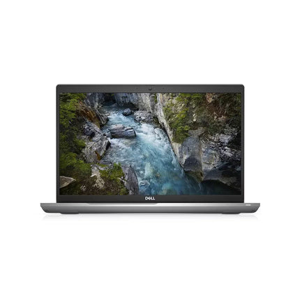 Laptop displaying a scenic wallpaper on a white background