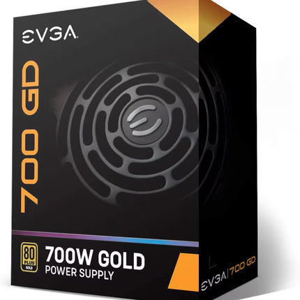 EVGA 700 GD power supply retail packaging box featuring black and gold branding, an 80 PLUS Gold certification badge, and "700W GOLD POWER SUPPLY" text across the front.