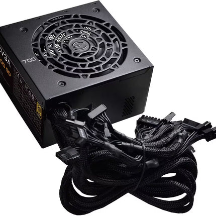 EVGA 700 GD 80+ Gold 700W power supply featuring a black enclosure, a top-mounted cooling fan with a circular wire grille and EVGA center logo, and an attached bundle of braided black cables with modular connectors.