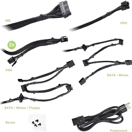 Product overview graphic displaying the included cables and hardware for an EVGA power supply, labeled with text callouts for MB, CPU, VGA (2x), SATA + Molex, SATA + Molex + Floppy, mounting screws, and a power cord.