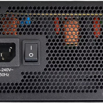 Rear panel of an EVGA power supply featuring a honeycomb ventilation grille, an AC power input socket, a physical power rocker switch, and printed electrical rating text of "110-240V~ 60/50Hz".   