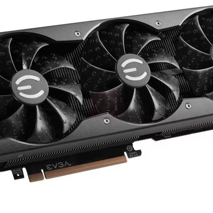 Angled perspective view of an EVGA FTW3 graphics card showcasing its triple cooling fans with EVGA logo central caps, black shroud, and PCIe connector interface.