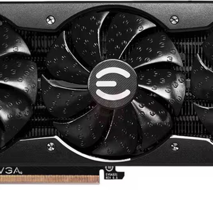 Front view of an EVGA FTW3 graphics card featuring three black cooling fans with the EVGA logo on each center hub, set against a black textured shroud.