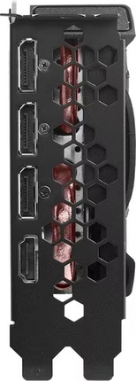 Rear I/O bracket view of an EVGA graphics card featuring three DisplayPorts, one HDMI port, and a black honeycomb ventilation pattern.