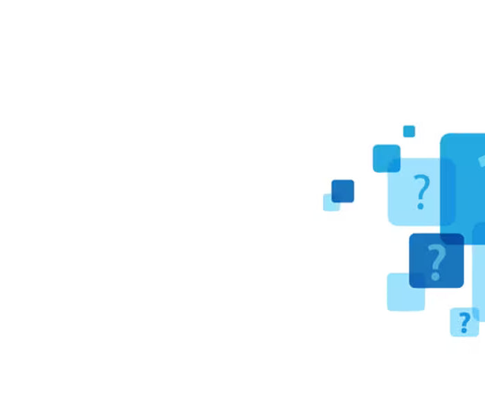 FAQ text with blue square design on a white background