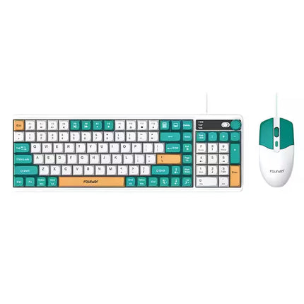 A wireless keyboard and mouse set with a white body and teal, orange, and white key accents, shown on a plain white background.
