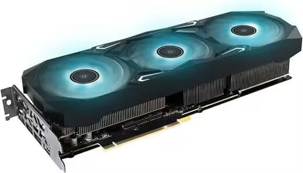Angled perspective view of a GALAX SG (Serious Gaming) graphics card featuring three illuminated blue-lit fans, a thick cooling heatsink fin stack, and a PCIe connector interface along the bottom.