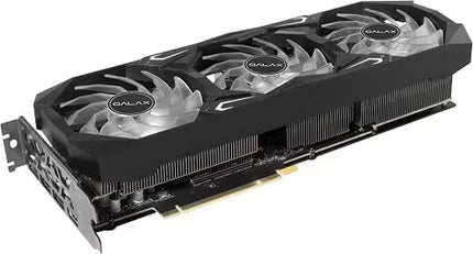 Angled perspective view of an unlit GALAX SG graphics card featuring three clear fan blades with GALAX center hubs, a black shroud, thick aluminum cooling fins, and a PCIe connector along the bottom edge.   