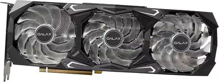 Front view of a GALAX SG (Serious Gaming) graphics card featuring three translucent cooling fans with central GALAX logos, housed in an angular black shroud with silver accents and a gold PCIe connector along the bottom.