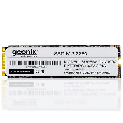 Geonix Supersonic256 256GB M.2 2280 SSD with a white label, 3.3V power specification, 5-year warranty, and black PCB