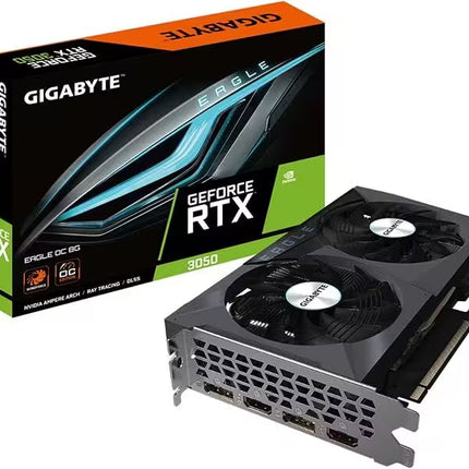 Gigabyte Eagle GeForce RTX 3050 8GB GDDR6 graphics card with dual cooling fans, shown alongside its retail box featuring NVIDIA GeForce RTX and Eagle branding.