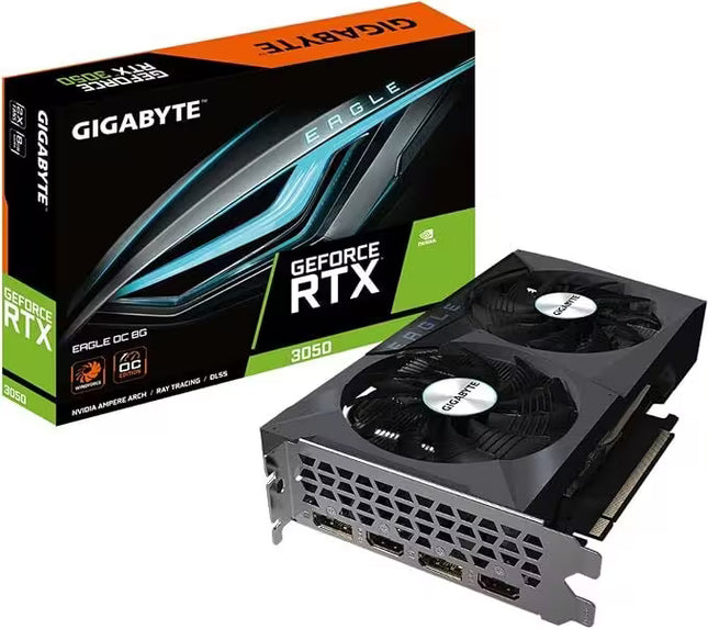 Gigabyte Eagle GeForce RTX 3050 8GB GDDR6 graphics card with dual cooling fans, shown alongside its retail box featuring NVIDIA GeForce RTX and Eagle branding.