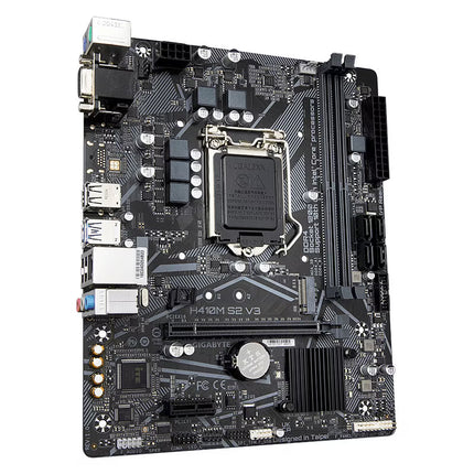 Gigabyte H410M S2 V3 micro-ATX motherboard featuring an LGA 1200 CPU socket, two DDR4 DIMM slots, a PCIe 3.0 x16 slot, SATA ports, and a rear I/O panel with legacy and modern ports.