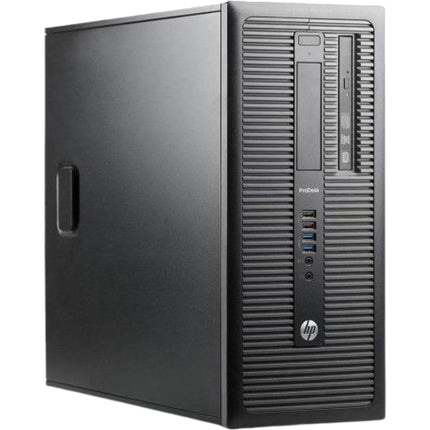 HP ProDesk small form factor desktop computer tower in black, showing the front panel with optical drive, USB ports, and HP logo on a white background.