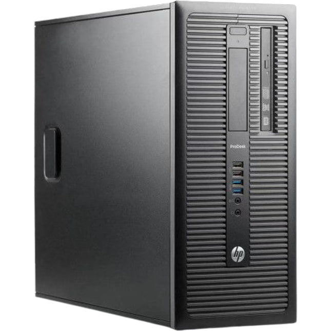 HP ProDesk small form factor desktop computer tower in black, showing the front panel with optical drive, USB ports, and HP logo on a white background.