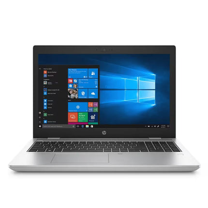 An HP laptop with a silver aluminum chassis and black keyboard, shown open on a white background with the Windows desktop visible on the screen.
