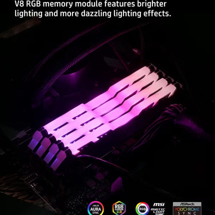 V8 RGB memory module with colorful lighting effects on a dark background, featuring compatibility logos.
