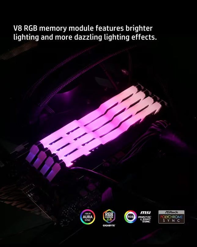 V8 RGB memory module with colorful lighting effects on a dark background, featuring compatibility logos.