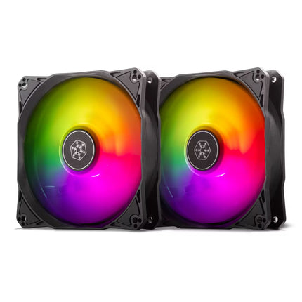 Two RGB cooling fans with a colorful gradient on a white background