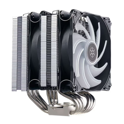 Computer CPU cooler with multiple fins and a fan on a white background
