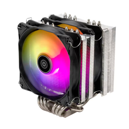 Computer cooling system with a colorful fan on a white background