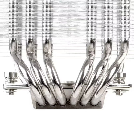 Close-up of a metallic cooling system with ribbed design on a white background