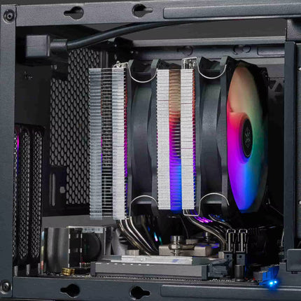 Close-up of a computer's cooling system with RGB lighting