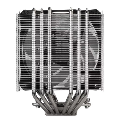 Computer CPU cooler with multiple heat pipes and fans on a white background