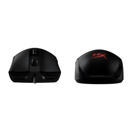 Front and rear views of the black HyperX Pulsefire Core wired gaming mouse.   
